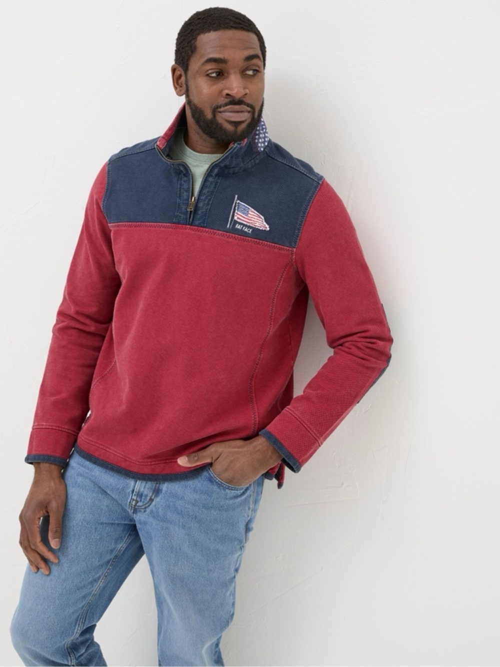 Fat Face Airlie Men's Red & Navy USA Quarter-Zip Sweatershirt Denim‎ Yoke Small